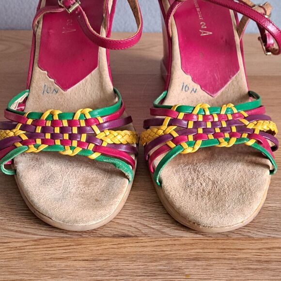 Famolare Vintage Sandals 10 Narrow 70s Hi-Up Pink Wavy Platform Strappy Wedge - Picture 2 of 11